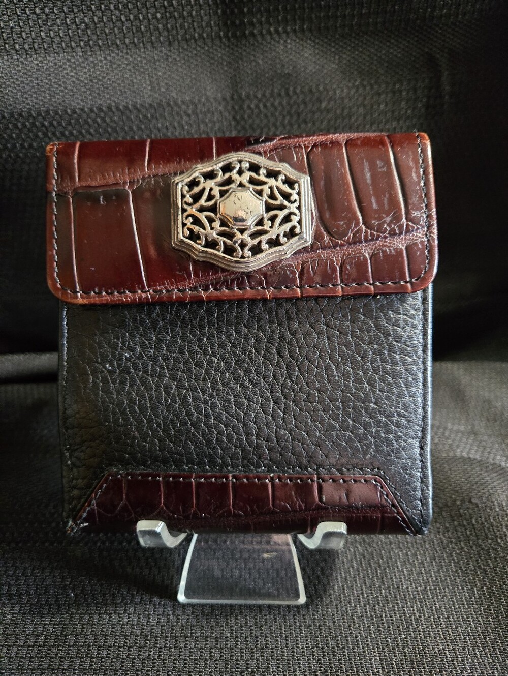 Brighton Vintage Black and Brown Leather Bifold Snap Wallet